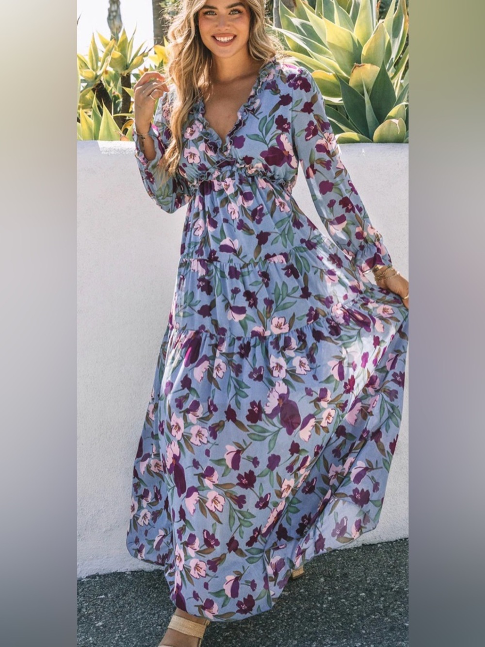 Blue Floral Maxi Dress with Ruffle V-Neck - Picture 3 of 4